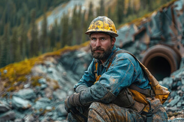 Obraz premium A man in a yellow helmet and blue work clothes sits on a rocky hillside. He looks tired and dirty, but he seems to be enjoying the view