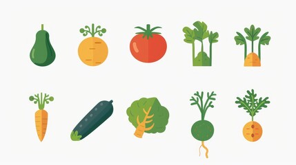Fototapeta premium Set of 9 vegetable icons, modern and symmetrically arranged on white background