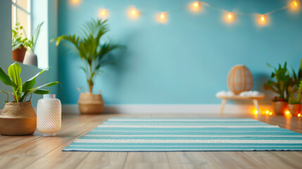 Obraz premium Empty yoga mat in a serene indoor setting with green plants, wooden floor, and large window.