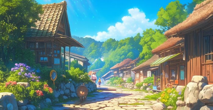 A neighborhood in rural Japan, outdoor streets with houses, green and nature scenery, scenic view, anime artwork