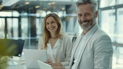 A friendly moment captured between two colleagues in a bright office, both working on laptops and sharing a joyful interaction