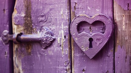 Vintage photo of wooden door with heart shaped lock Open Heart symbolism in violet