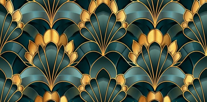 Fototapeta Tile ornament fabric backdrop with an art deco turquoise green and gold pattern. Wallpaper in contemporary vintage style with bright and striking colors.