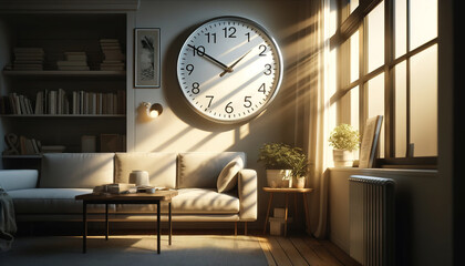 The large clock on the wall in the room indicates 2 o'clock in the afternoon
