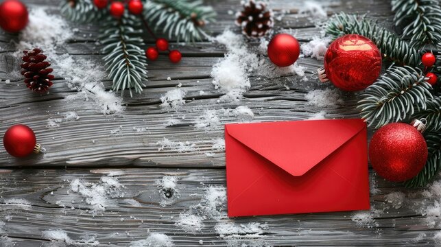 Rustic background with red envelope note and Christmas toys on wood Winter scene with space for text