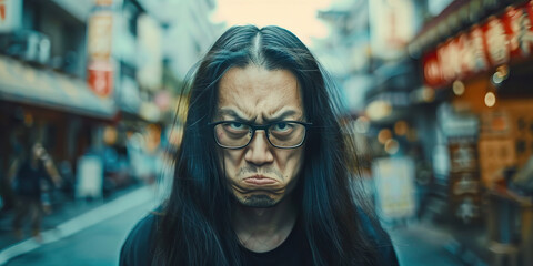 Asian man with long hair and glasses serious angry face portrait on city street