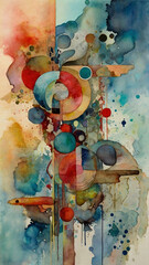 Surreal and abstract mixed-media artwork, combining collage, paint, and digital elements to create a multi-dimensional and Watercolor painting: thought-provoking composition, playing