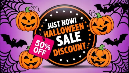 Discover exciting Halloween Sale Discount Banner featuring Pumpkins and Bats with a 50 Off Offer