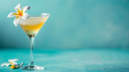 Exotic Tropical Cocktail with Plumeria Flower in Martini Glass on Turquoise Background.with copy space