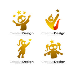 Children logo and star design education, gold color, set people care