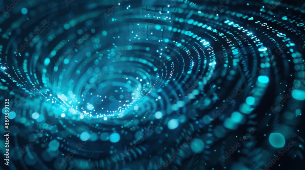 Fototapete A swirling vortex of blue light with binary code in the background. The center of the vortex is bright and luminous.