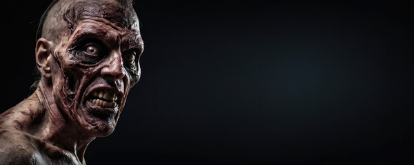 Obraz premium This striking image shows a grim character heavily scarred and marked, standing under low light, which symbolizes conflict and an intrepid spirit through textured shadows and evocative tones.