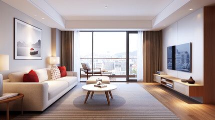 Fototapeta premium Comfortable hotel room with red interior ornament for elegant impression