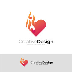 Love logo and fire design illustration, red color, hot logos
