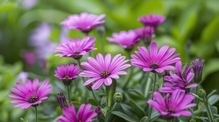 Fototapeta premium A bunch of purple flowers with green leaves. The flowers are in full bloom and are arranged in a way that they look like they are in a garden