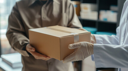 A pharmacist in a white coat and gloves gives a box to a man. Concept for courier delivery of medical supplies.