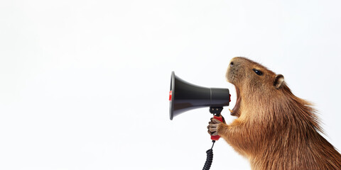 A capybara shouts into a megaphone, announcing discounts or promotional offers. Rodent pet holds a...