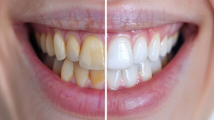 Teeth whitening results split image; left side shows yellow teeth, right side shows white teeth