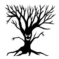 Silhouette, doodles of a creepy tree with dry branches. Decor for the holiday of Halloween. ghost.Vector graphics.