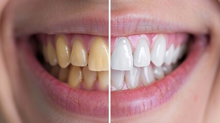 Teeth whitening results split image; left side shows yellow teeth, right side shows white teeth