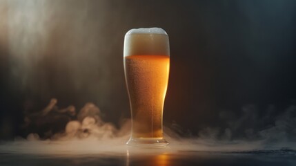 Fresh beer in a large glass with subtle backlighting and mist on a dark backdrop
