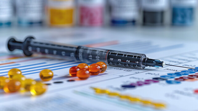 Medical syringe and pills on a chart with colorful graphs