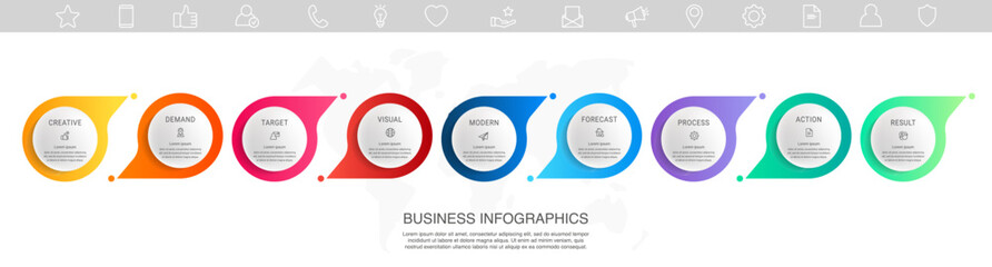 Vector business infographics template. Timeline with 9 circle, icon, arrow, steps, nine number options. Can be used for workflow layout, diagram, chart, banner, web design. Modern illustration