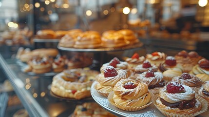 Fototapeta premium Delectable Parisian Patisserie Showcase with Blurred Pastry Display and Ample Copy Space