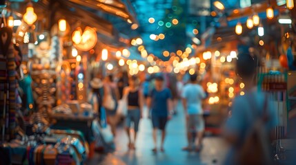 Blurry Nighttime Atmosphere of Bustling Chatuchak Weekend Market in Bangkok