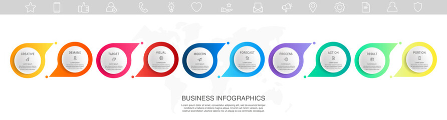 Business vector infographics with 10 circles and arrows. Timeline visualization with ten steps for diagram, flowchart, banner, presentations, web, content, levels, chart, graphic