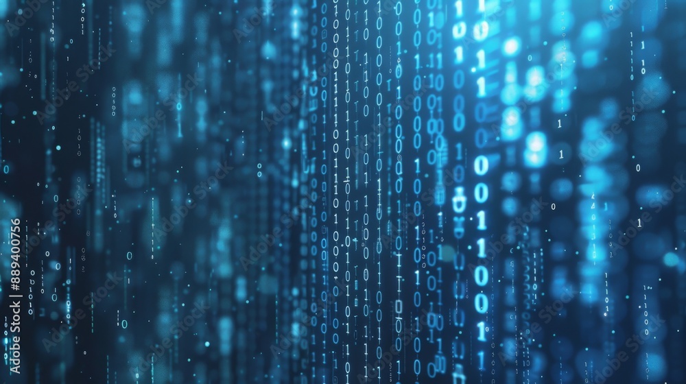 Poster A digital background of flowing blue binary code, creating an abstract and futuristic visual.