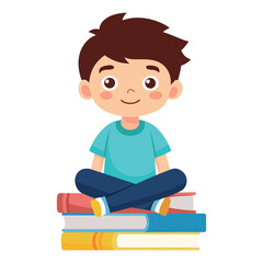 A Cute Kid's Boy Sitting Over The Books.