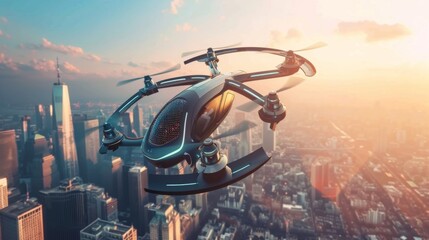 futuristic roto passenger drone flying in the sky over city for future air transportation and robotaxi concept with copy space