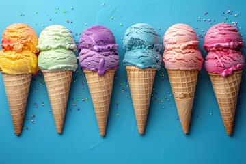 Colorful ice cream cones in a row on blue background