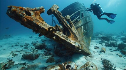 A diver examines a ship anchor buried in the ocean floor, symbolizing a bygone era of maritime exploration and trade. The rusted metal contrasts with the vibrant marine life surrounding it, evoking a