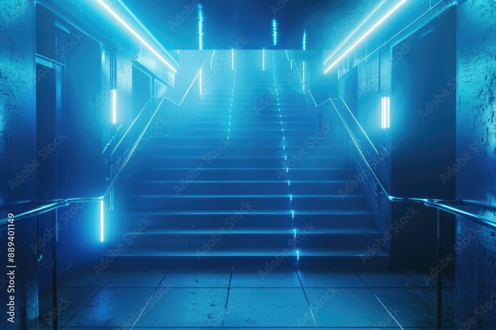 Aufkleber a modern staircase illuminated by bright neon lights, perfect for use as a background or to highligh