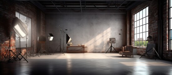 Empty Photo Studio with Brick Walls and Natural Light