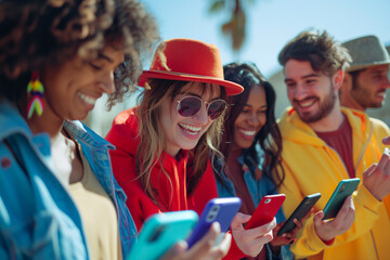 Obraz premium “Young Adults Engaged with Smartphones Outdoors”
