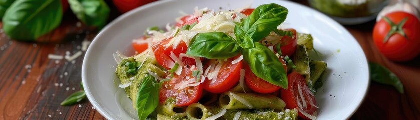 Delicious fresh pesto pasta with cherry tomatoes, basil leaves, and grated cheese served in a white bowl on a wooden table.