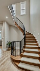 Curved wooden staircase with black iron railing and white carpet runners.