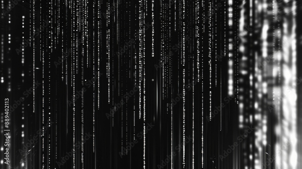 Aufkleber A black and white abstract image depicting white binary code raining down on a dark background.