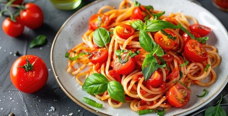 Delicious plate of spaghetti with fresh tomatoes and basil on a rustic table setting, perfect for Italian cuisine and vegetarian recipes.