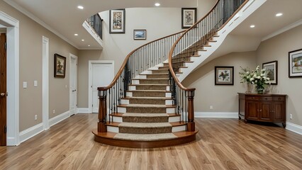 Interior design featuring a curved wooden staircase with a black iron railing, a vase of white flowers on a wooden console table.