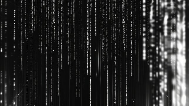A black and white abstract image depicting white binary code raining down on a dark background.