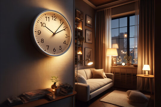 A large clock on the wall of the room shows ten o'clock in the evening, outside the window - the night cityscape