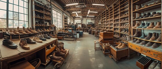 AI generator image of Shoe factory ,Traditional artisan measure shoemaking,Shoe making process in footwear handmade factory