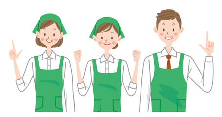 スーパーの店員のイラスト　スタッフ　エプロンをした男女　ガッツポーズ　家事代行 © M