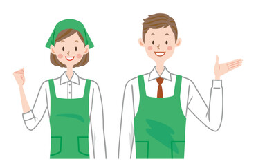 スーパーの店員のイラスト　スーパーマーケット　男女スタッフ　家事代行サービス　ガッツポーズ