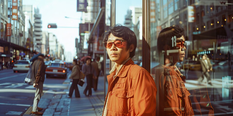 Obraz premium Fashionable Asian man in 1970s on city street