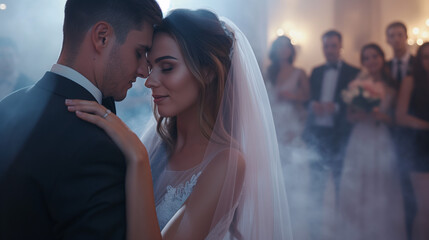 Couple dancing their first dance at the wedding, surrounded by guests in formal attire. Romantic wedding photography